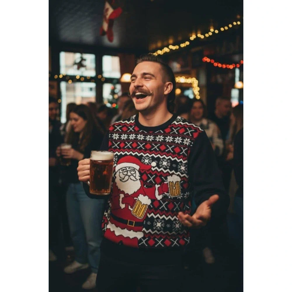 Men's XL Carbon Crewneck Sweater Santa Beer Xmas Holiday Party Funny Ugly Core